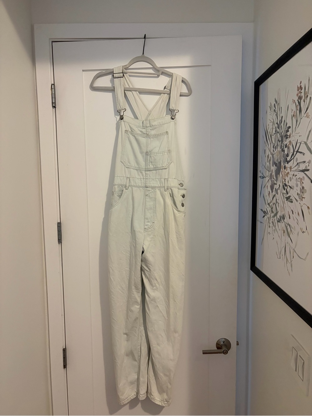 We The Free Cream White Denim Overalls with Cross-Back Straps